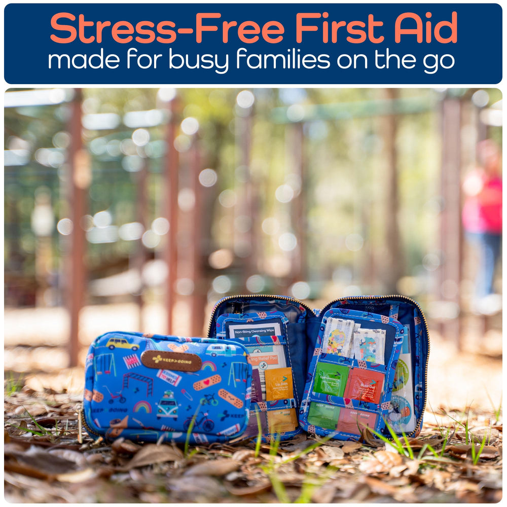 KEEP>GOING stain- and water-resistant case protects supplies during travel.