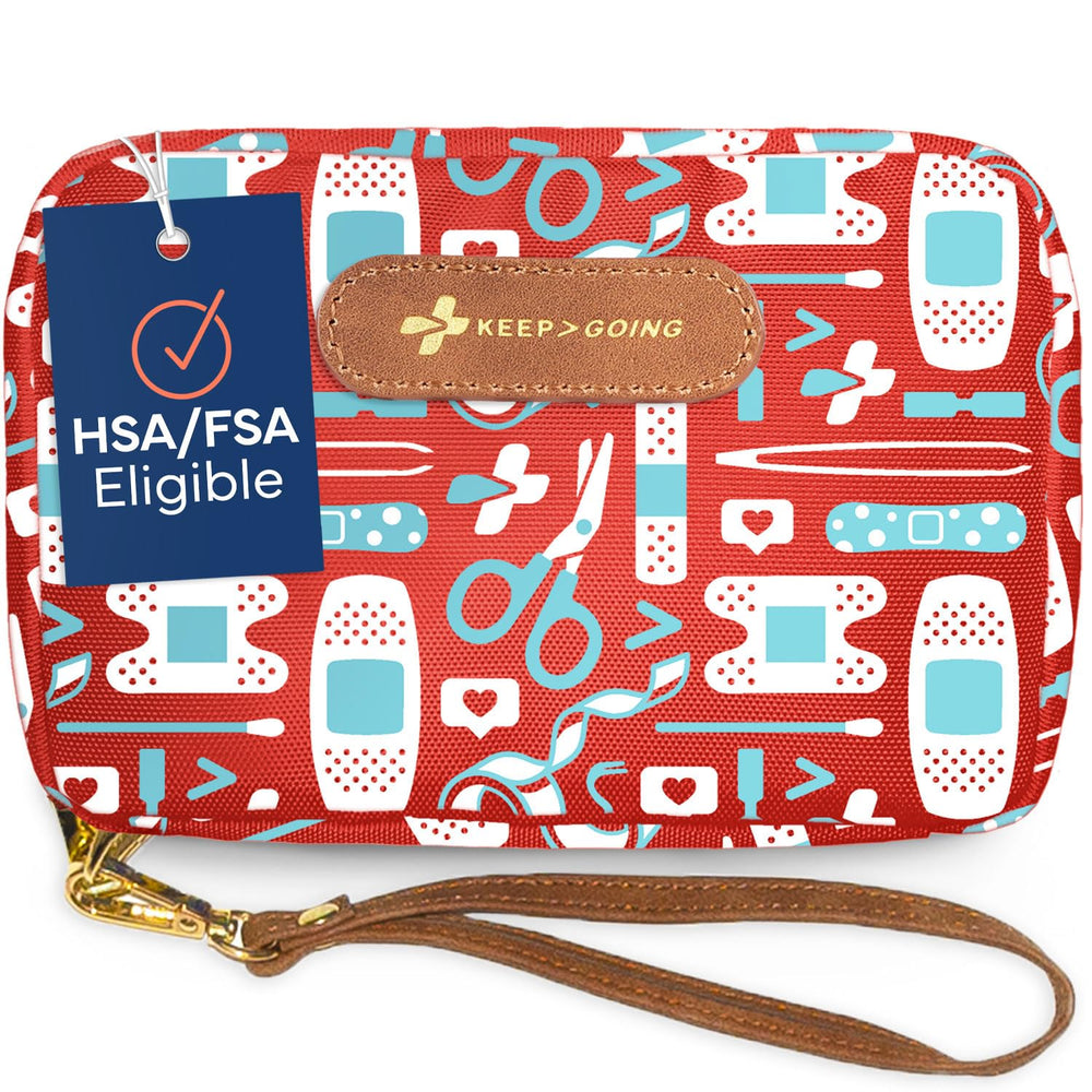 KEEP>GOING KeepGoing travel first aid kit in a compact case for easy packing.