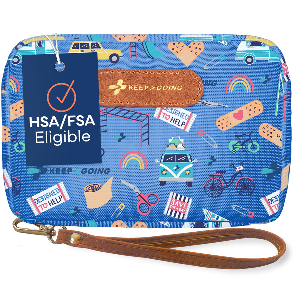 KEEP>GOING travel first aid kit compact case keeps essentials organized.
