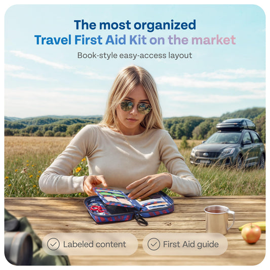 KEEP>GOING home first aid kit stored in a stylish, stain-resistant case for everyday safety.