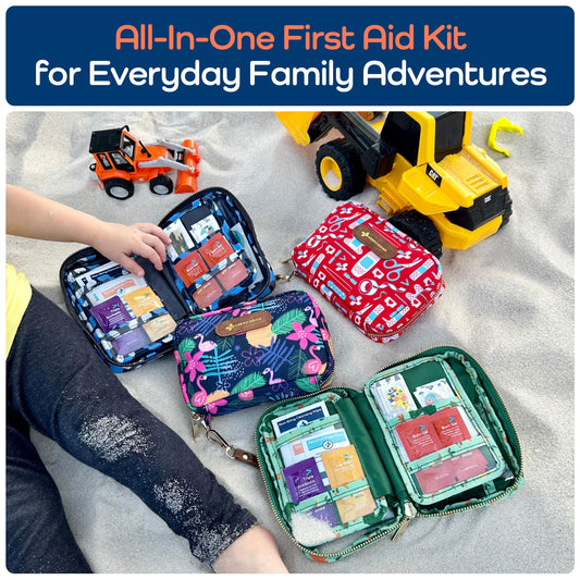 KEEP>GOING travel first aid kit interior with 130 pieces for kids needs.