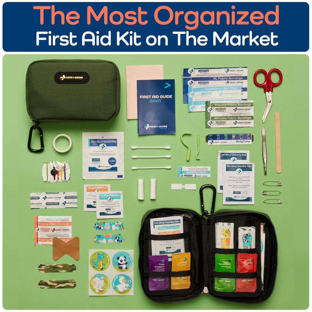 KEEP>GOING travel-first-aid-guide page shown for quick kid-friendly instructions.