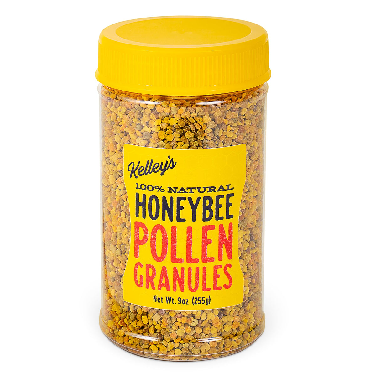 Kelley’s Bee Pollen 9 oz bag close-up shows pure raw granules for natural energy.