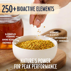 Kelley’s Bee Pollen nutrition profile highlights vitamins, minerals, and amino acids.
