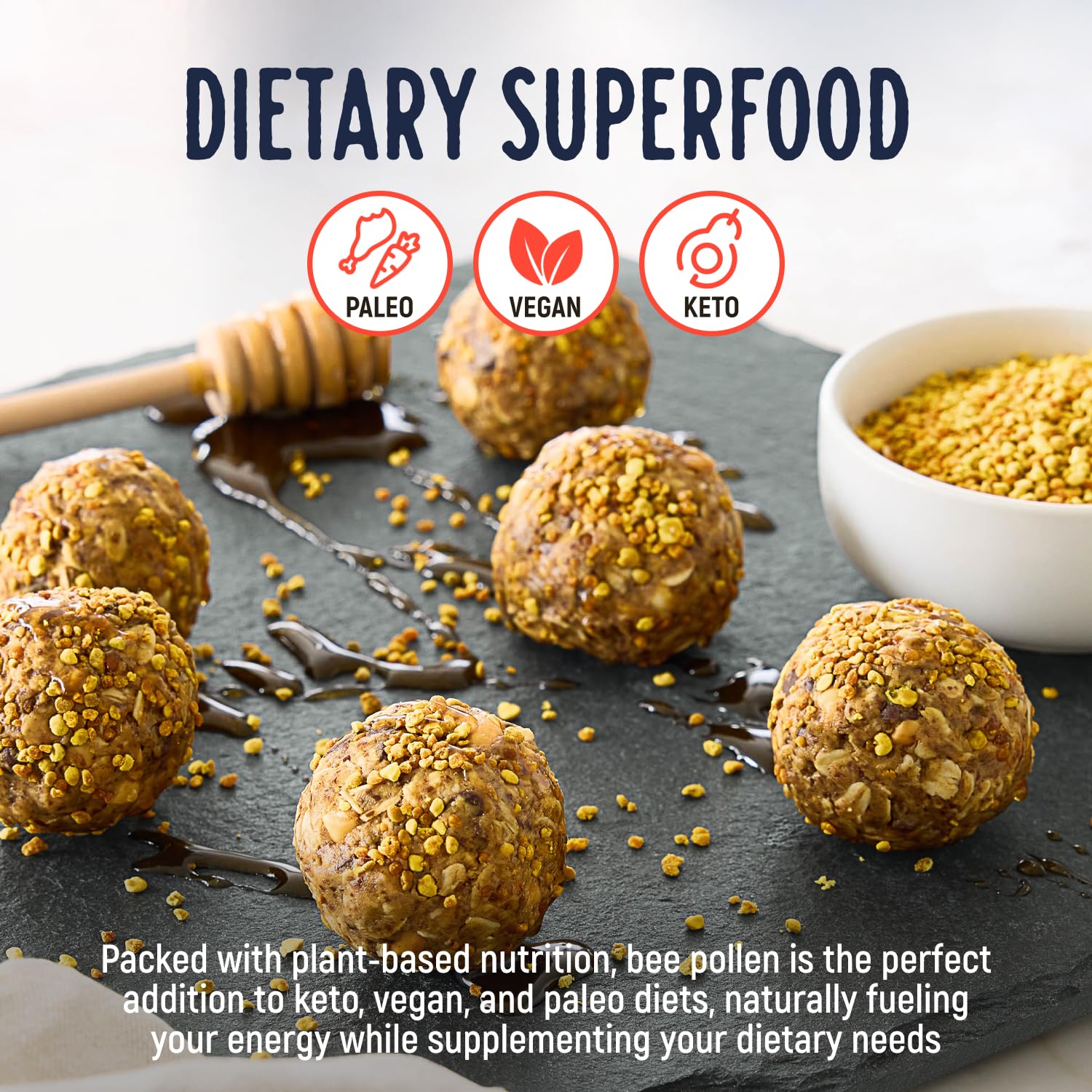 Kelley’s Bee Pollen sprinkled on smoothie demonstrates versatile use.