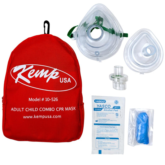 Kemp USA CPR mask for adults provides a protective barrier during rescue breaths.