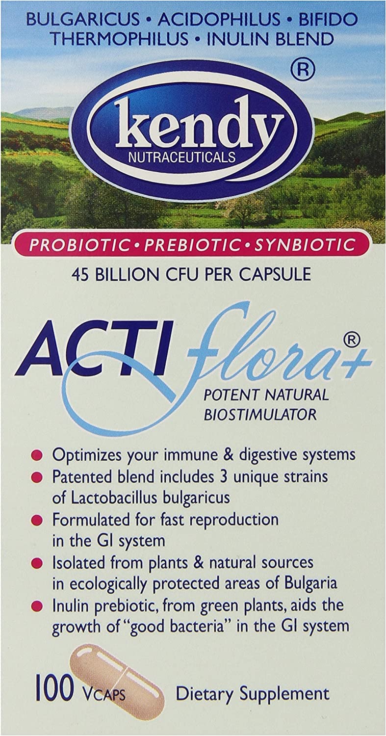 Kendy Actiflora+ bottle and capsules, highlighting a synbiotic for gut balance.