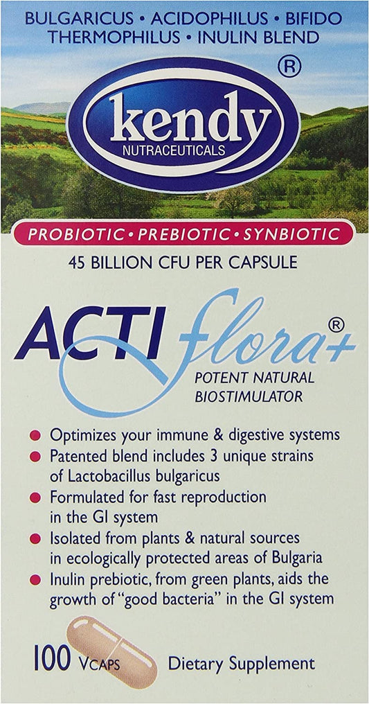 Kendy Actiflora+ bottle and capsules, highlighting a synbiotic for gut balance.