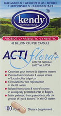 Kendy Actiflora+ bottle and capsules, highlighting a synbiotic for gut balance.