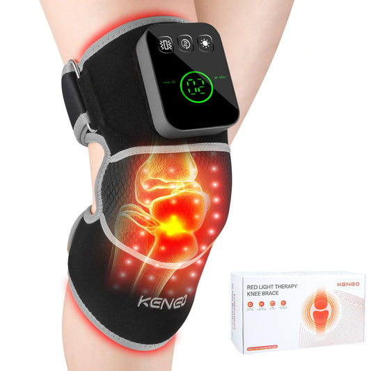 Keneo knee brace worn, front view showing wireless design for hands-free relief.