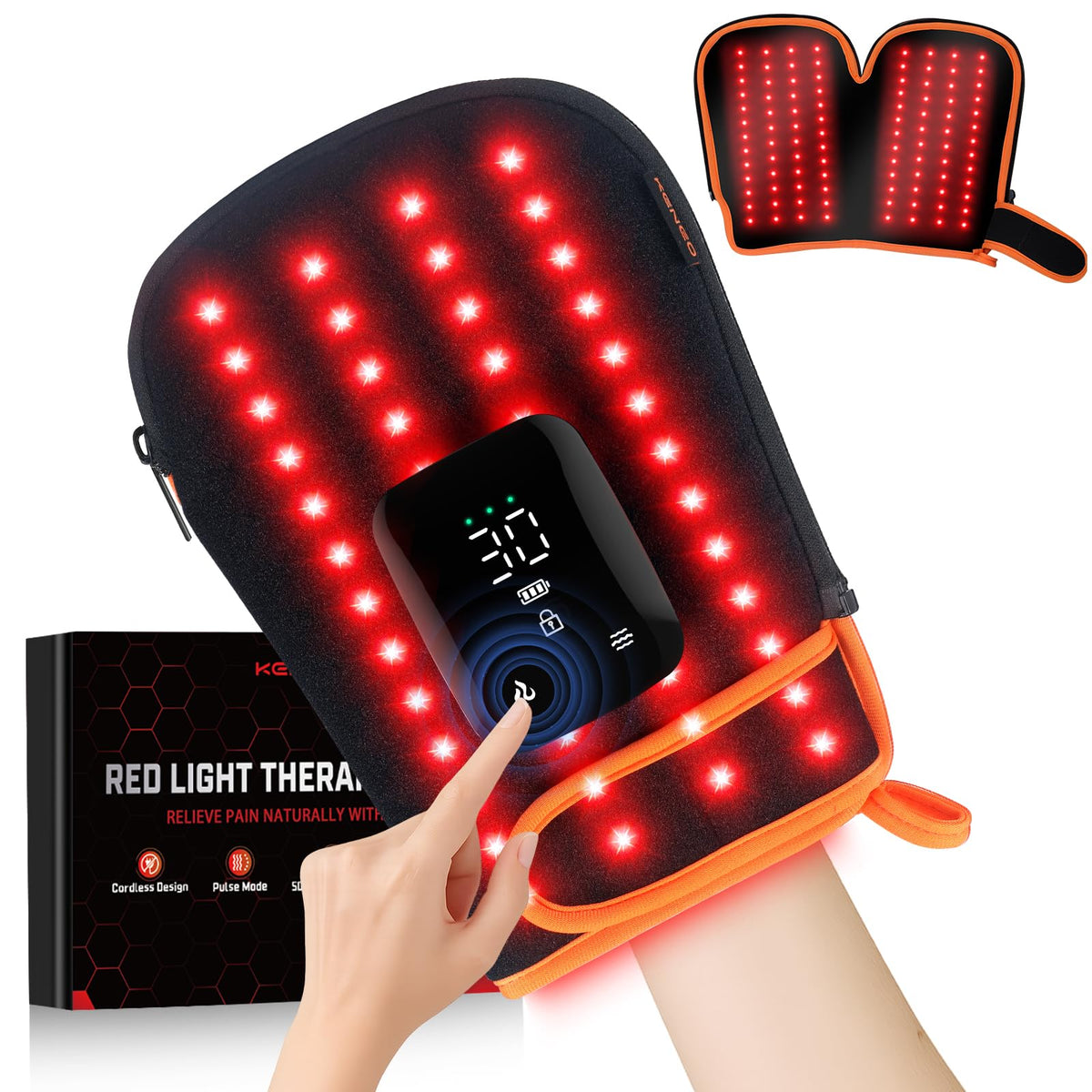 Keneo red light therapy gloves shown on hands for at-home relief