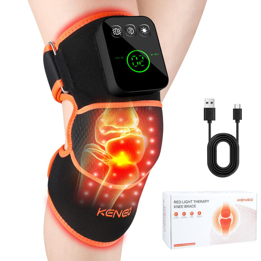 Keneo knee brace with red and infrared lights worn during activity for day-to-day comfort