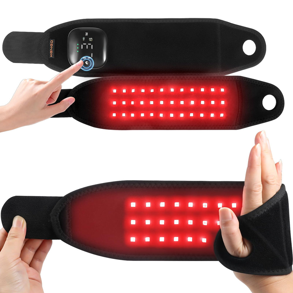 Keneo red light wristband with detachable battery for easy charging on the go.