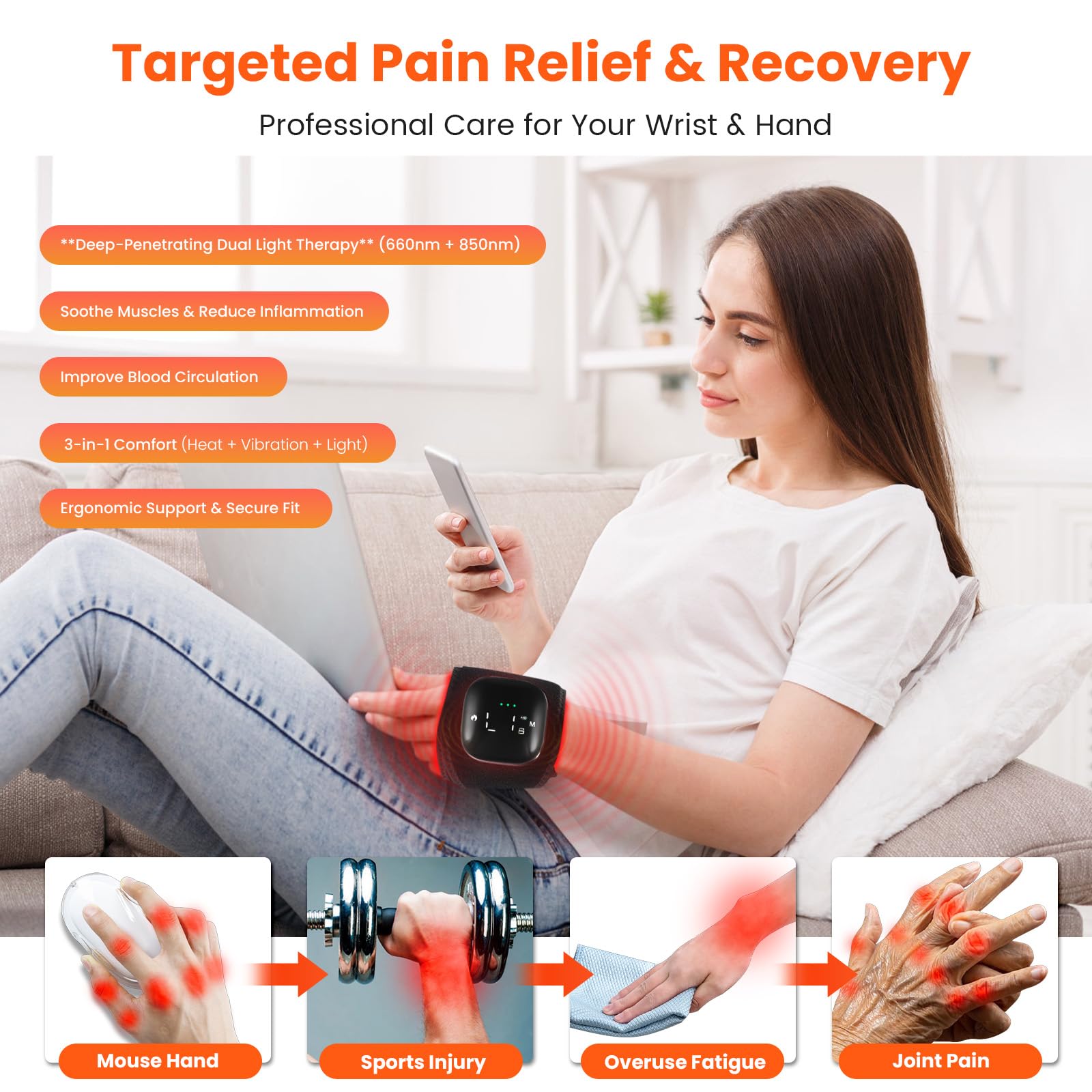 Keneo wristband with dual wavelengths 660nm and 850nm for versatile therapy.