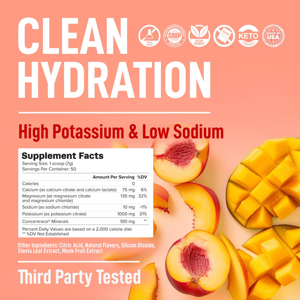 Keppi Electrolytes Peach Mango label close-up highlighting clean-label ingredients.