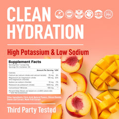 Keppi Electrolytes Peach Mango label close-up highlighting clean-label ingredients.