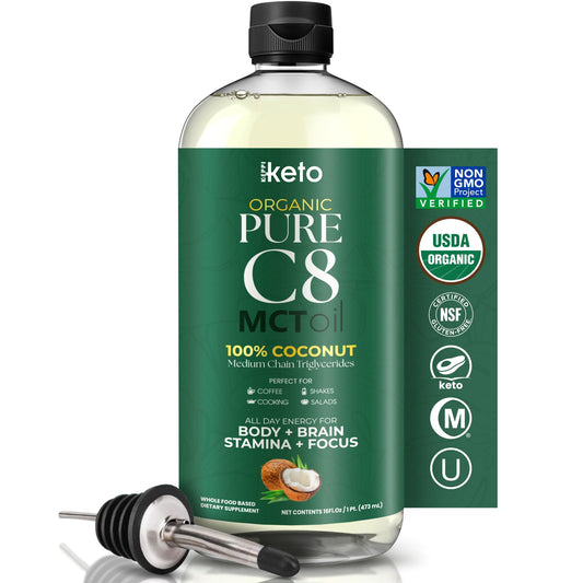 Keppi Organic MCT Oil bottle front shows coconut-based purity for keto-friendly use.