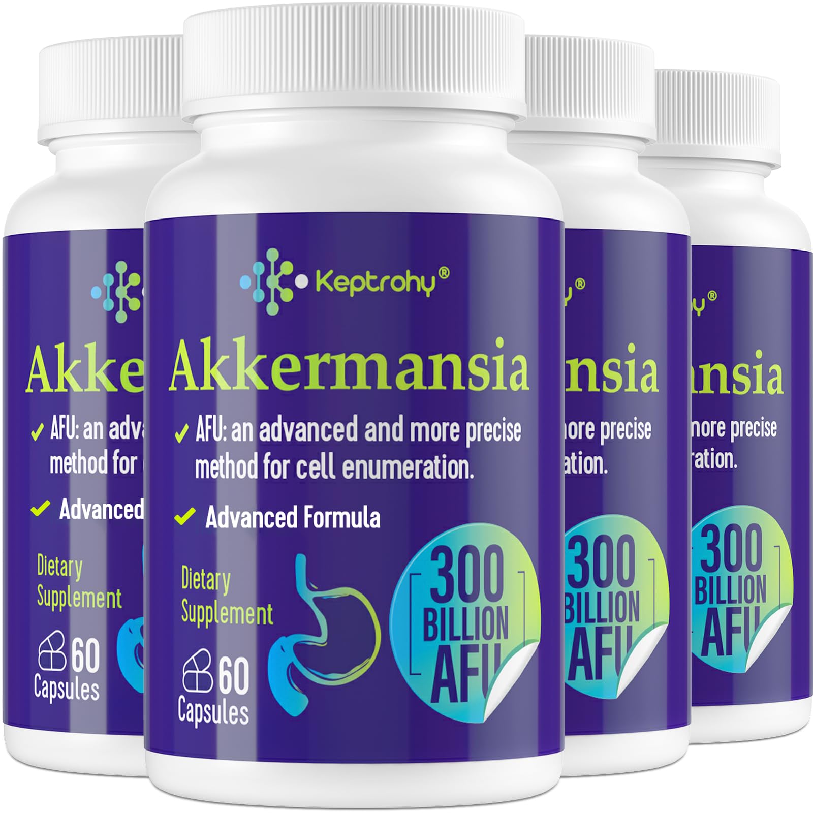 Keptrohy Akkermansia probiotic bottle showing 300B AFU for gut support