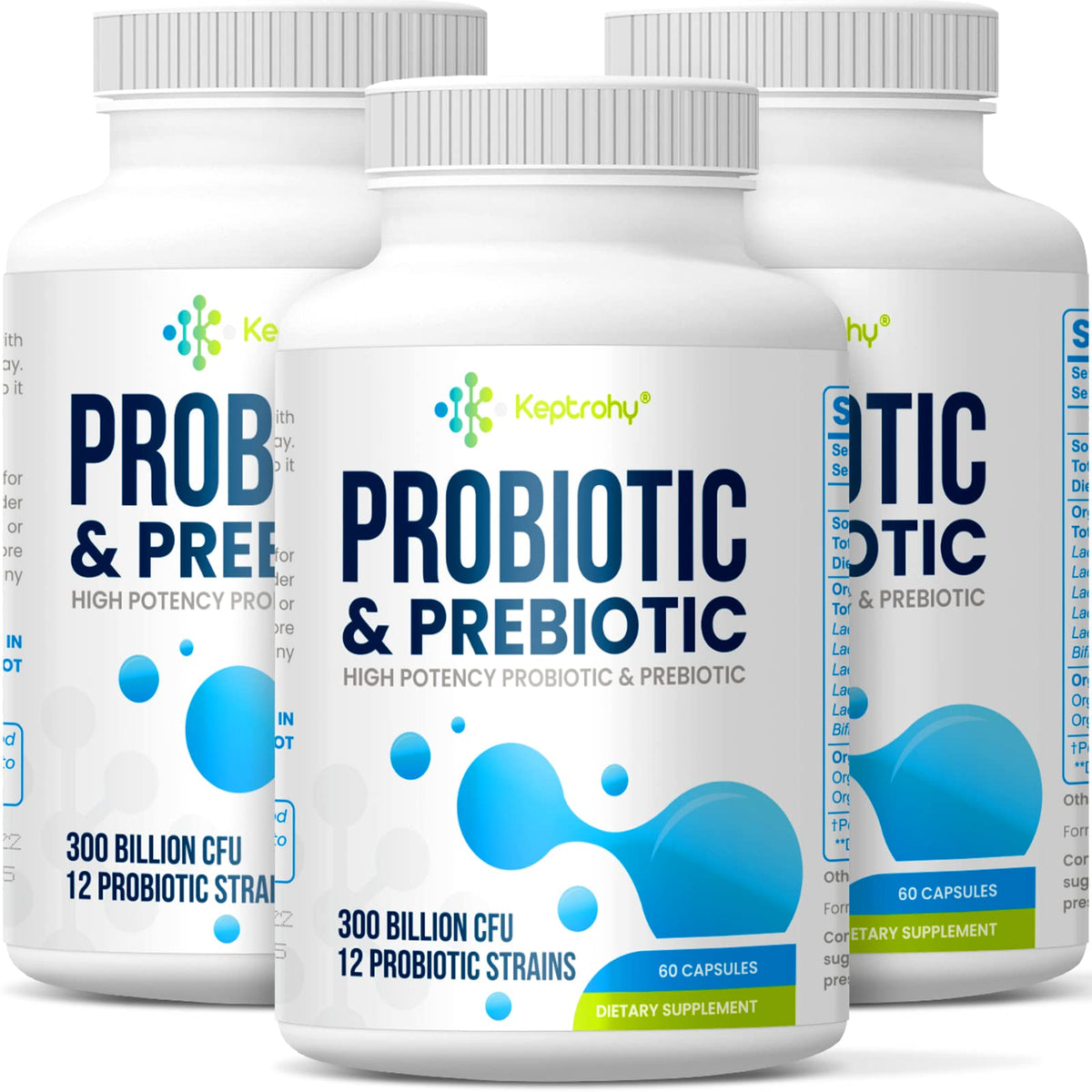 Keptrohy probiotics 300B CFU bottle showcases high potency for daily digestion.