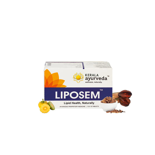 Kerala Ayurveda Liposem bottle closeup showing herbal tablets for cholesterol support.