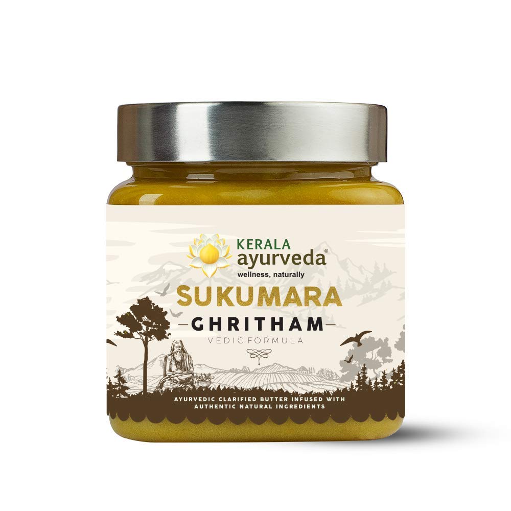 Kerala Ayurveda Sukumaram Ghritham bottle highlighting herbal ghee for hormonal balance.