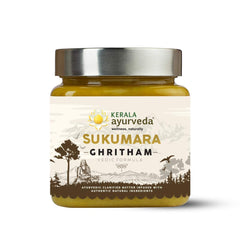 Kerala Ayurveda Sukumaram Ghritham bottle highlighting herbal ghee for hormonal balance.