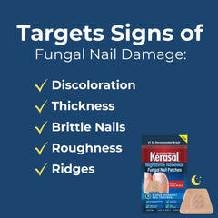 Kerasal Nighttime Renewal Patch on a fingernail for overnight treatment.