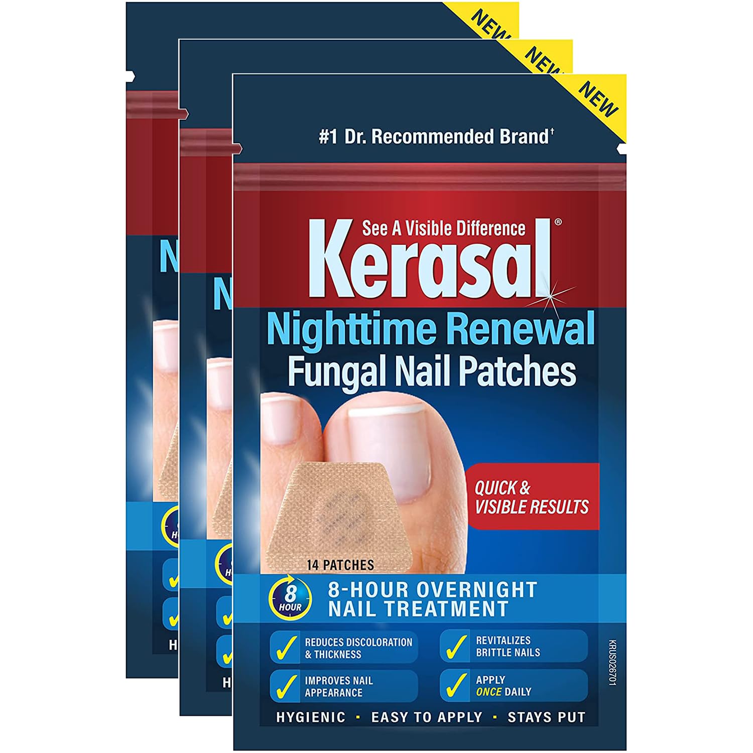 Kerasal Nighttime Renewal Patch applied to a toenail for improved appearance.
