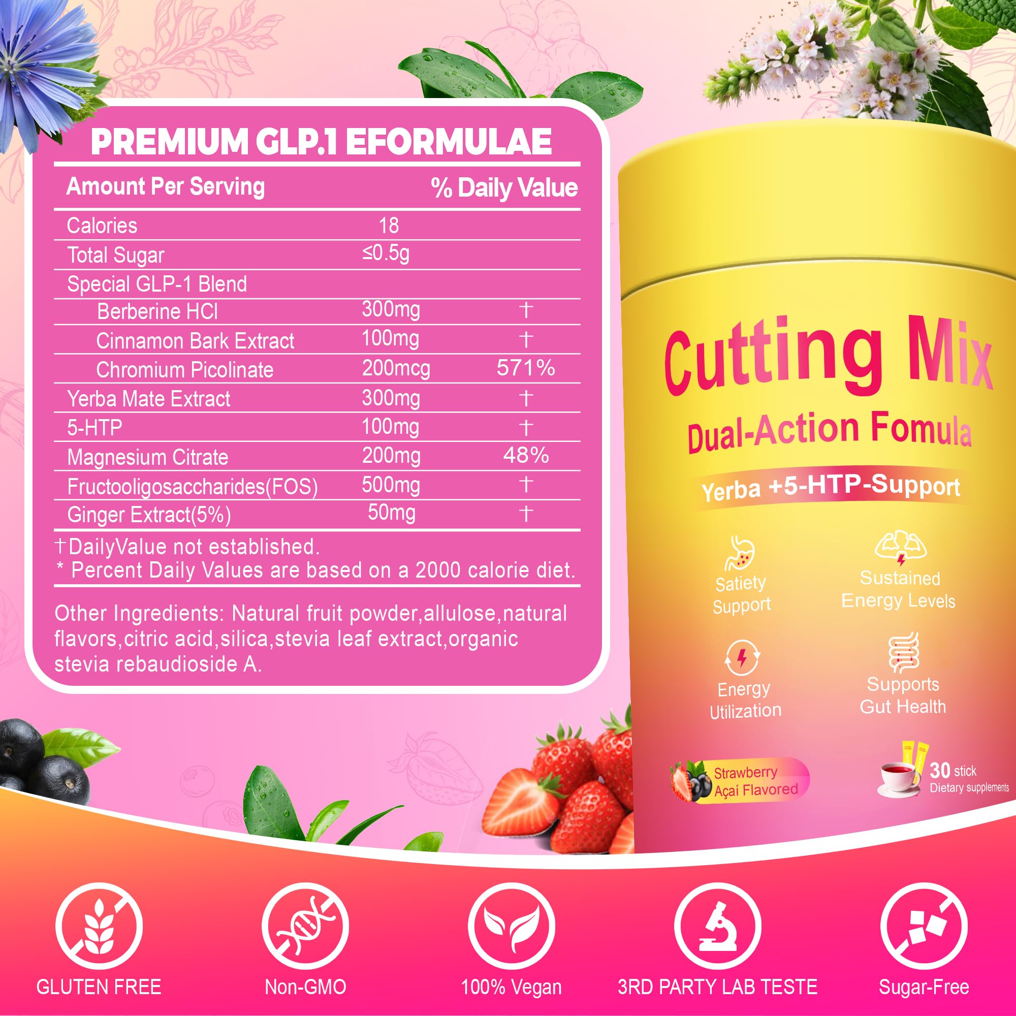 Kereeao Cutting Drink Mix box back explains natural ingredients for balanced energy and appetite signaling.