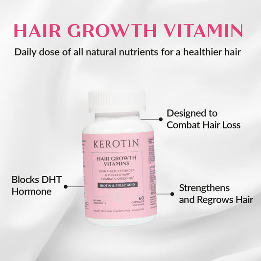 Kerotin biotin capsules closeup for easy daily intake and hair nourishment.