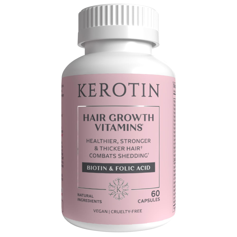 Kerotin hair growth vitamins bottle promoting daily hair health support.