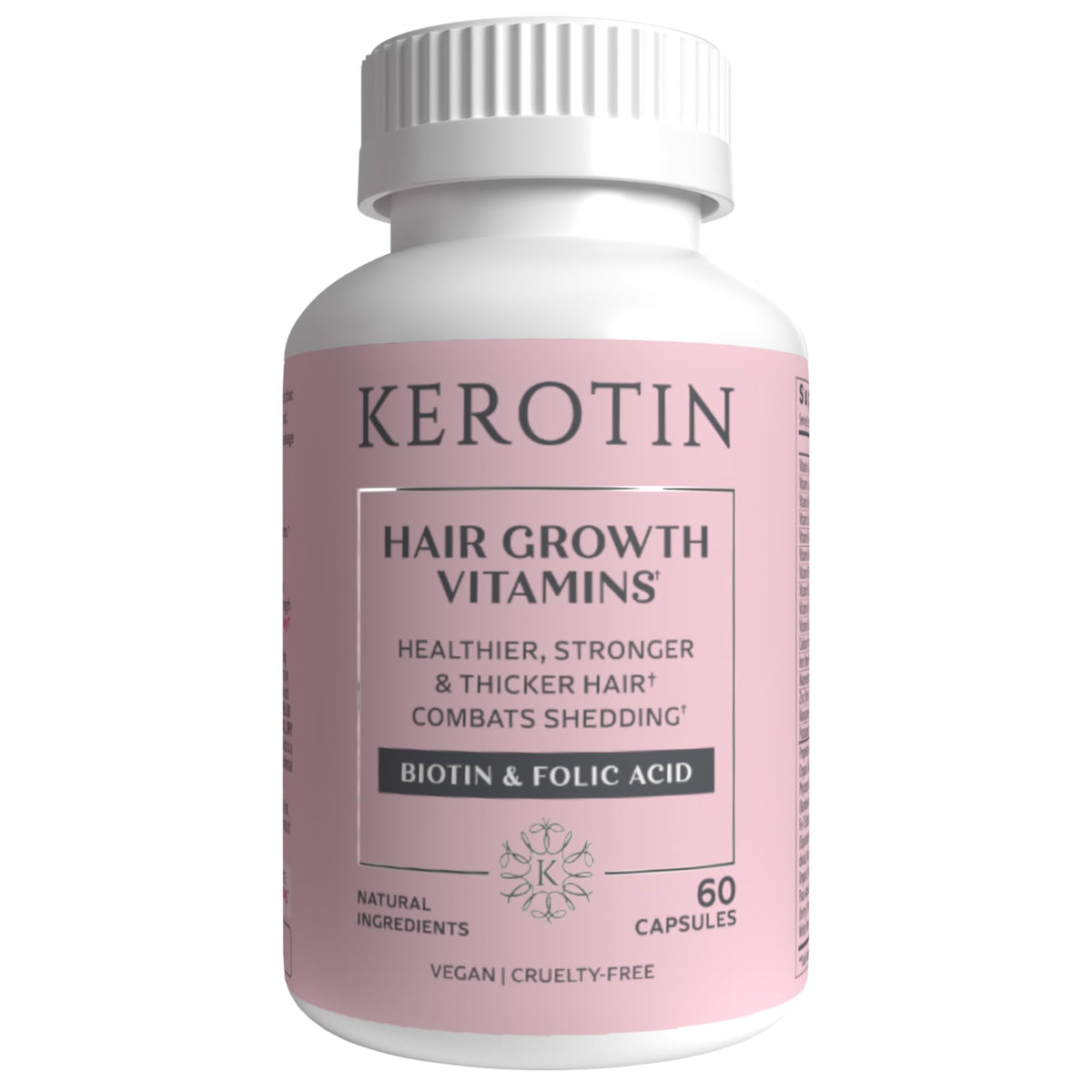 Kerotin hair growth vitamins bottle promoting daily hair health support.