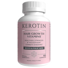 Kerotin hair growth vitamins bottle promoting daily hair health support.