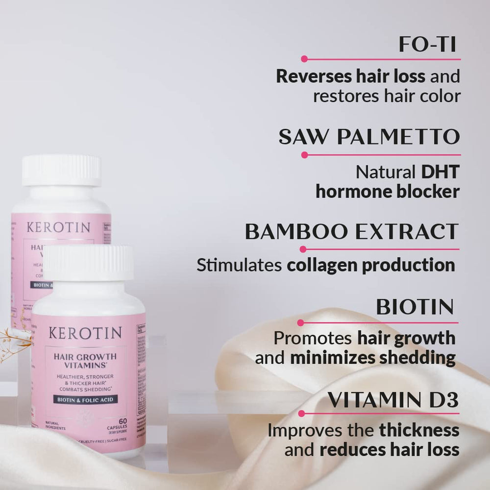 Kerotin saw palmetto product image highlighting DHT-blocking potential for hair health.