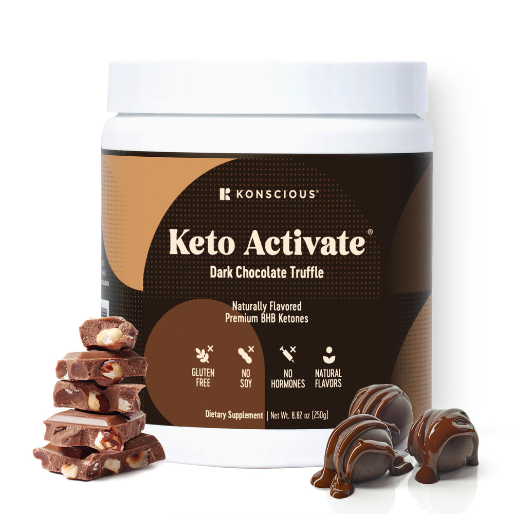 Keto Activate dark chocolate truffle bottle for ketosis-friendly energy.