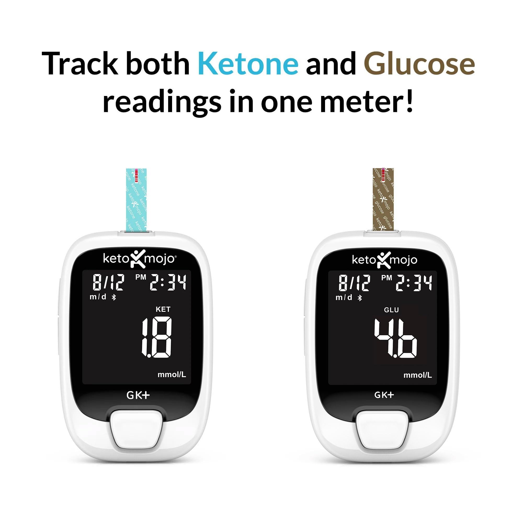 Keto-Mojo GK+ glucose strip close-up highlighting sterile packaging