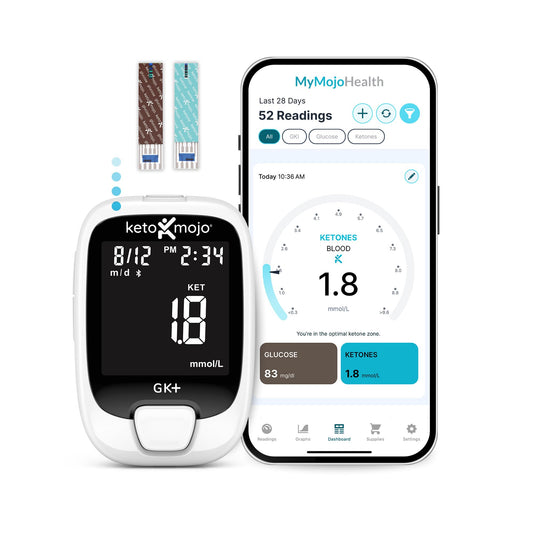 Keto-Mojo GK+ meter front view showing a compact device for quick readings