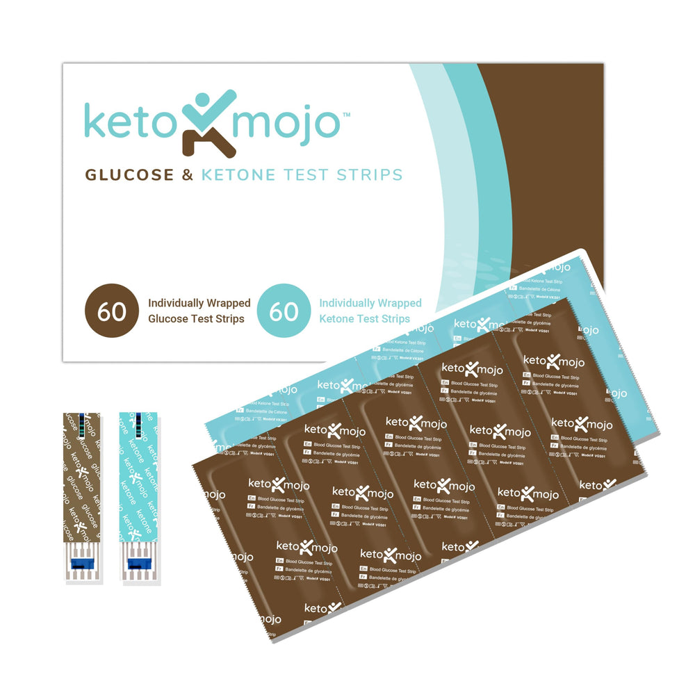 Keto-Mojo GK+ pack front view with glucose and ketone strips for at-home testing