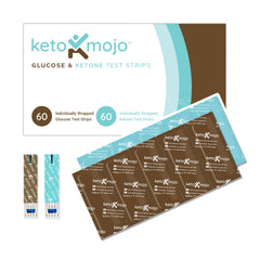 Keto-Mojo GK+ pack front view with glucose and ketone strips for at-home testing