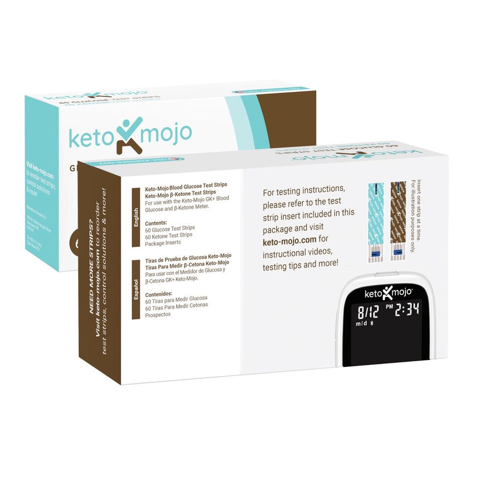 Keto-Mojo glucose strip close-up highlighting fast blood draw tip