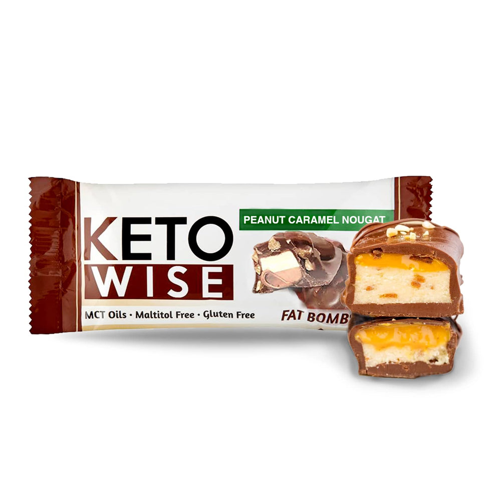 Keto Wise Fat Bombs peanut caramel nougat two-piece serving, portable bite.