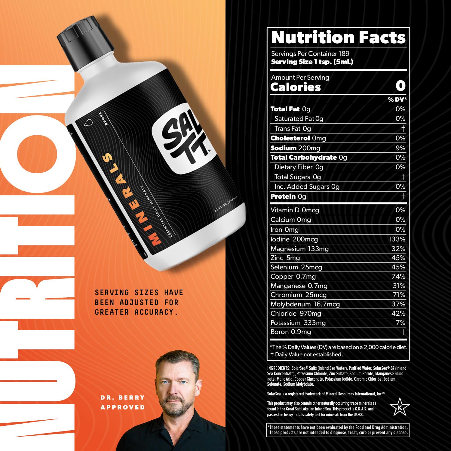 Vegan, gluten-free, non-GMO badge on SALTT minerals packaging.