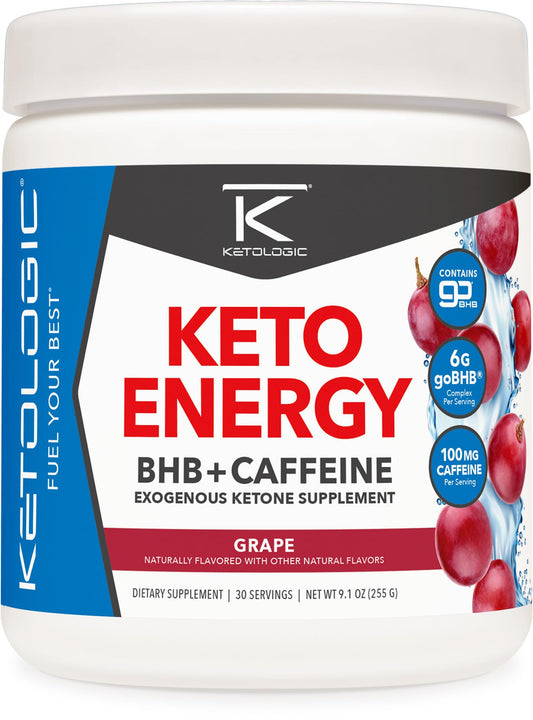 Ketologic BHB KetoEnergy bottle in grape flavor, highlighting energy support for workouts.