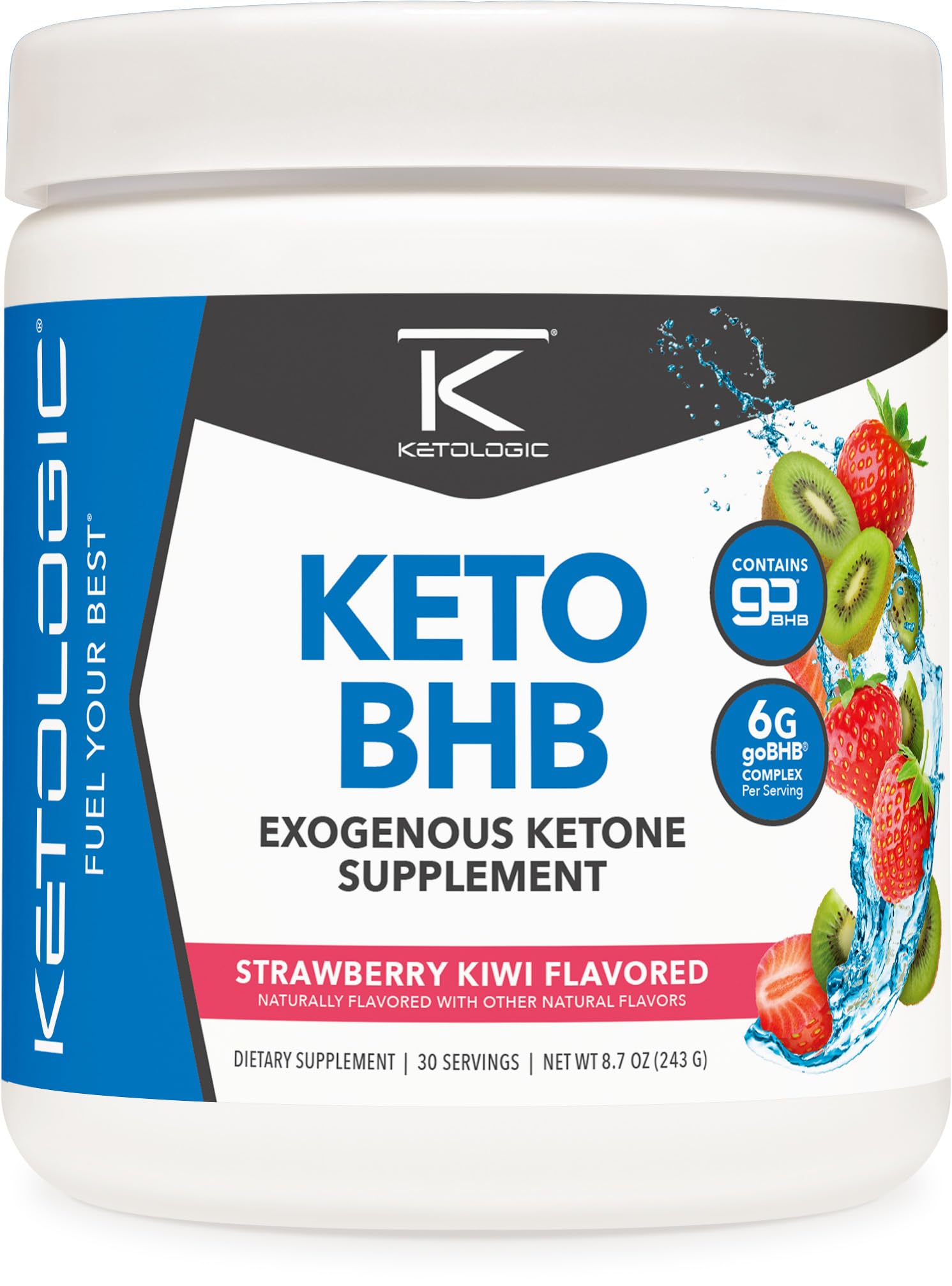 Ketologic Keto BHB Strawberry Kiwi bottle shows convenient serving for ketosis support