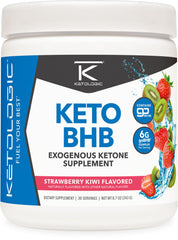 Ketologic Keto BHB Strawberry Kiwi bottle shows convenient serving for ketosis support