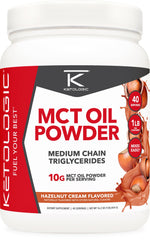 Ketologic MCT Oil Powder Hazelnut Cream bottle pour for quick energy and flavor
