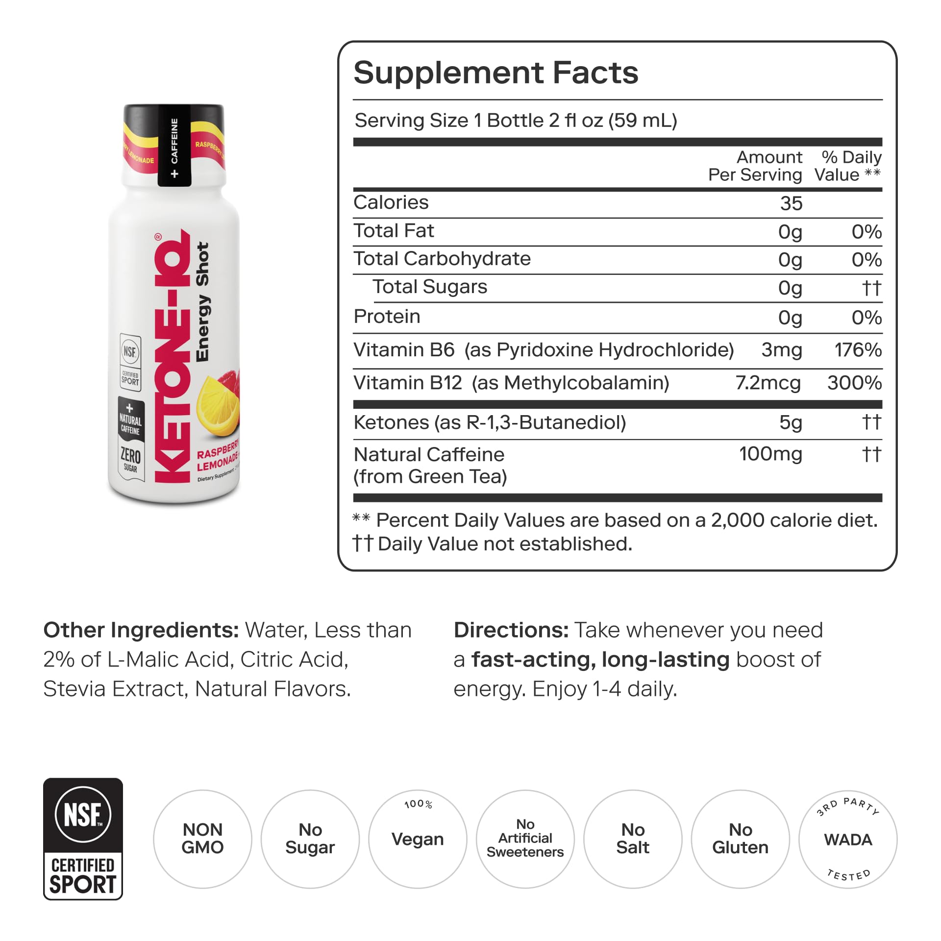 Ketone-IQ bottle label closeup highlighting sugar-free, fast-acting energy.