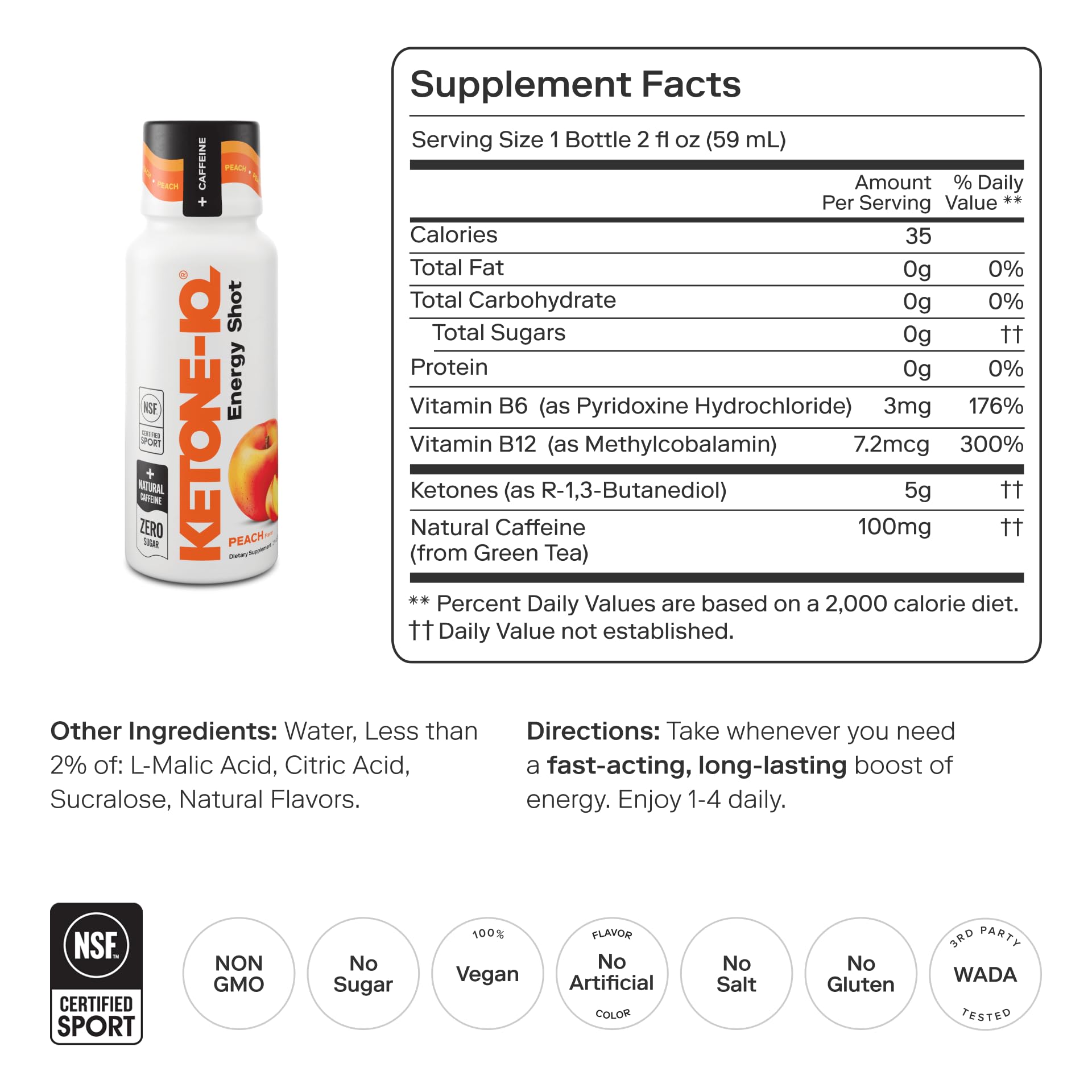 Ketone-IQ label closeup reveals ketone and caffeine content.