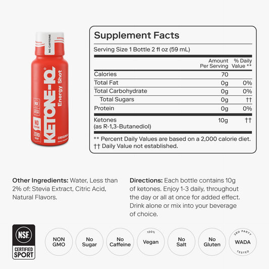 Ketone-IQ No Caffeine Shot 24-pack packaging highlights caffeine-free energy option.