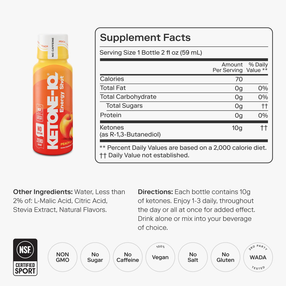Ketone-IQ peach shot label close-up showing ketone energy